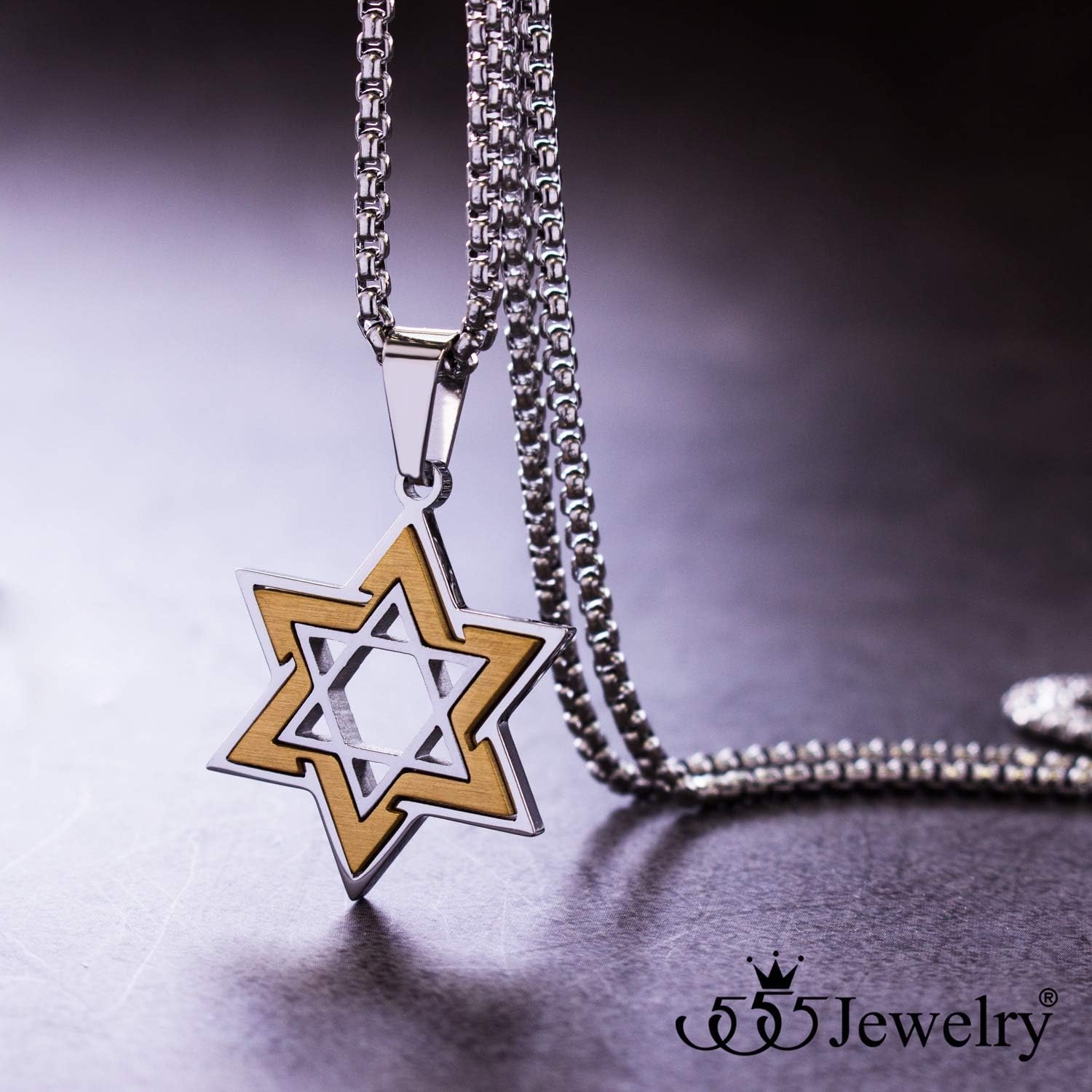image:image555Jewelry Star of David Necklace for Men 2 Tone Stainless Steel Jewish Star Necklace with 1624 Inch Box Chain Star of David PendantSilver Gold