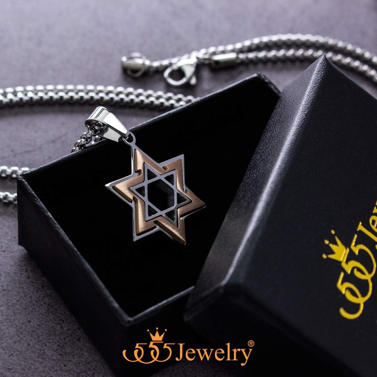 image:image555Jewelry Star of David Necklace for Men 2 Tone Stainless Steel Jewish Star Necklace with 1624 Inch Box Chain Star of David PendantSilver Rose Gold