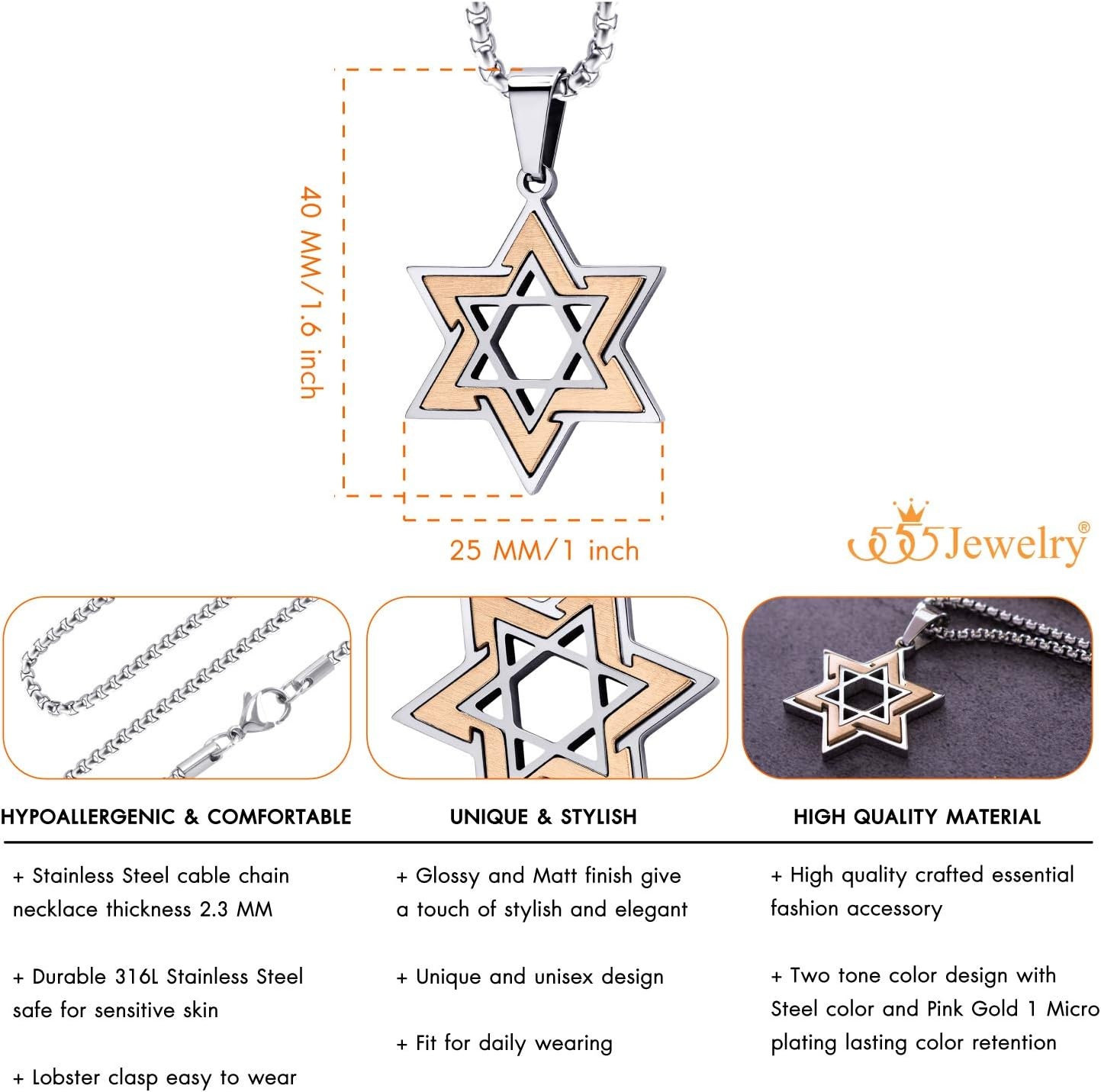 image:image555Jewelry Star of David Necklace for Men 2 Tone Stainless Steel Jewish Star Necklace with 1624 Inch Box Chain Star of David PendantSilver Rose Gold