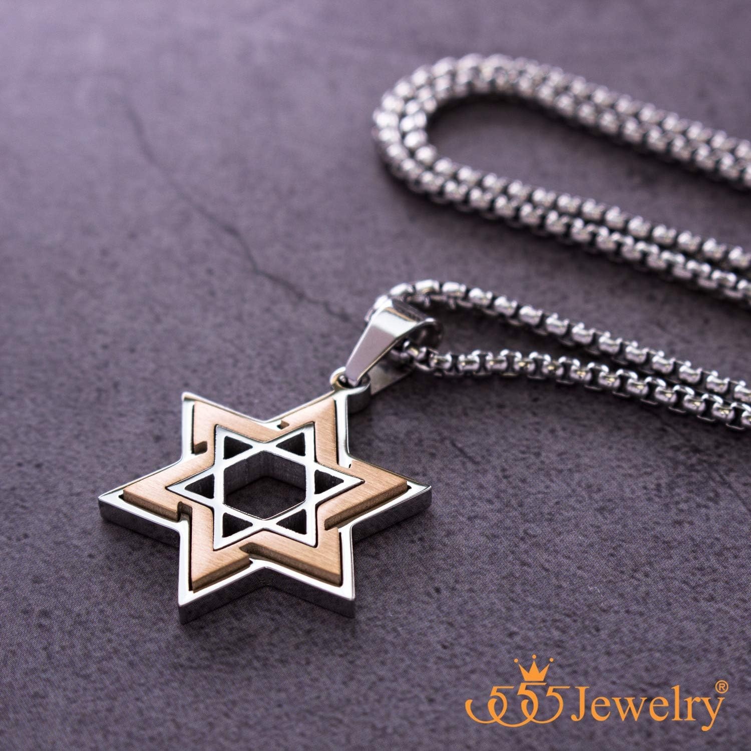 image:image555Jewelry Star of David Necklace for Men 2 Tone Stainless Steel Jewish Star Necklace with 1624 Inch Box Chain Star of David PendantSilver Rose Gold