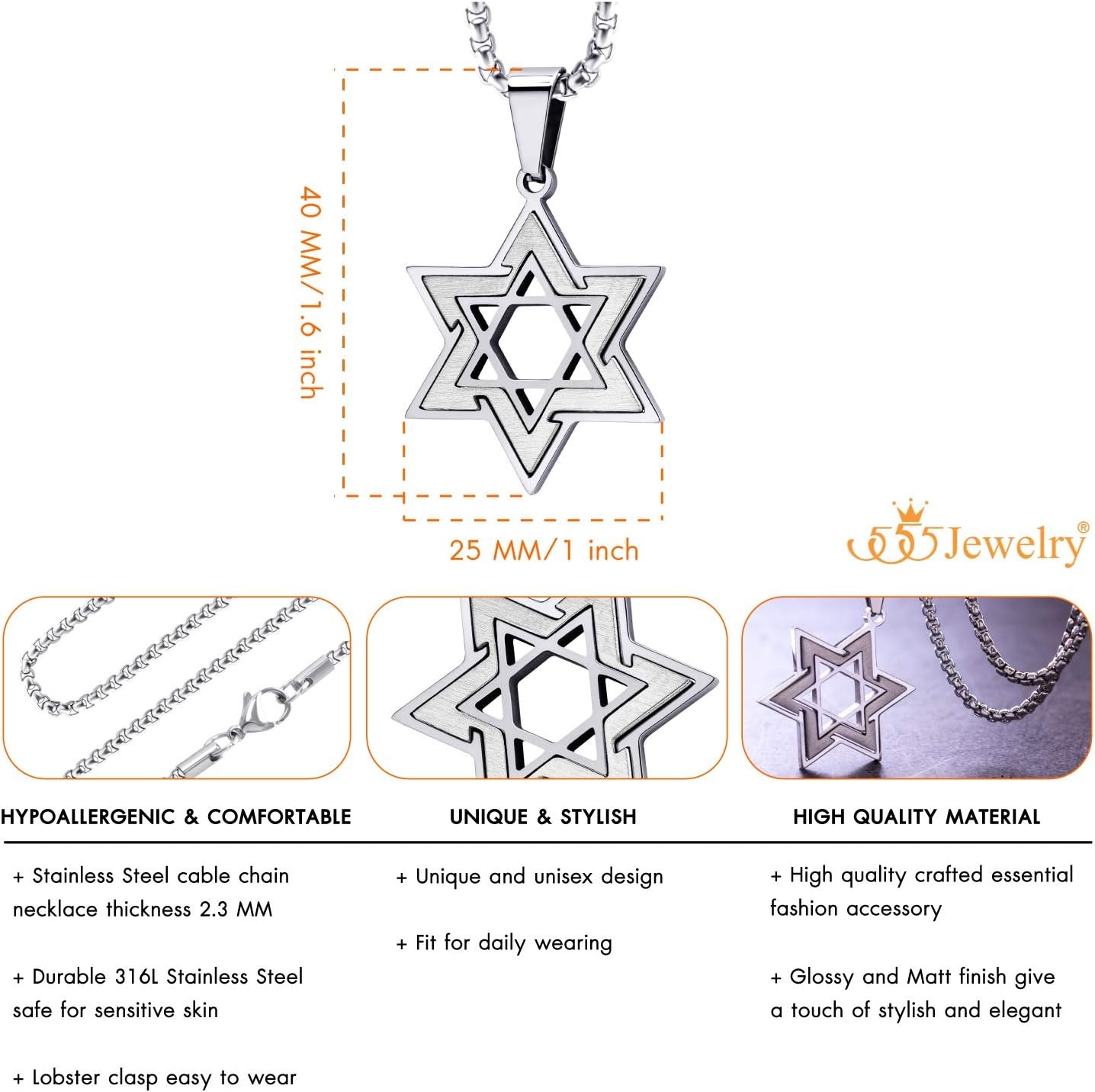 image:image555Jewelry Star of David Necklace for Men 2 Tone Stainless Steel Jewish Star Necklace with 1624 Inch Box Chain Star of David PendantSilver