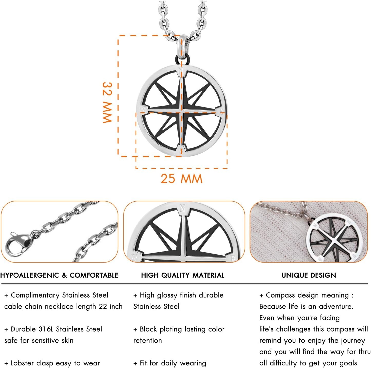 image:image555Jewelry Unisex Stainless Steel Navigator Navigation Compass Pendant NecklaceSilver Black