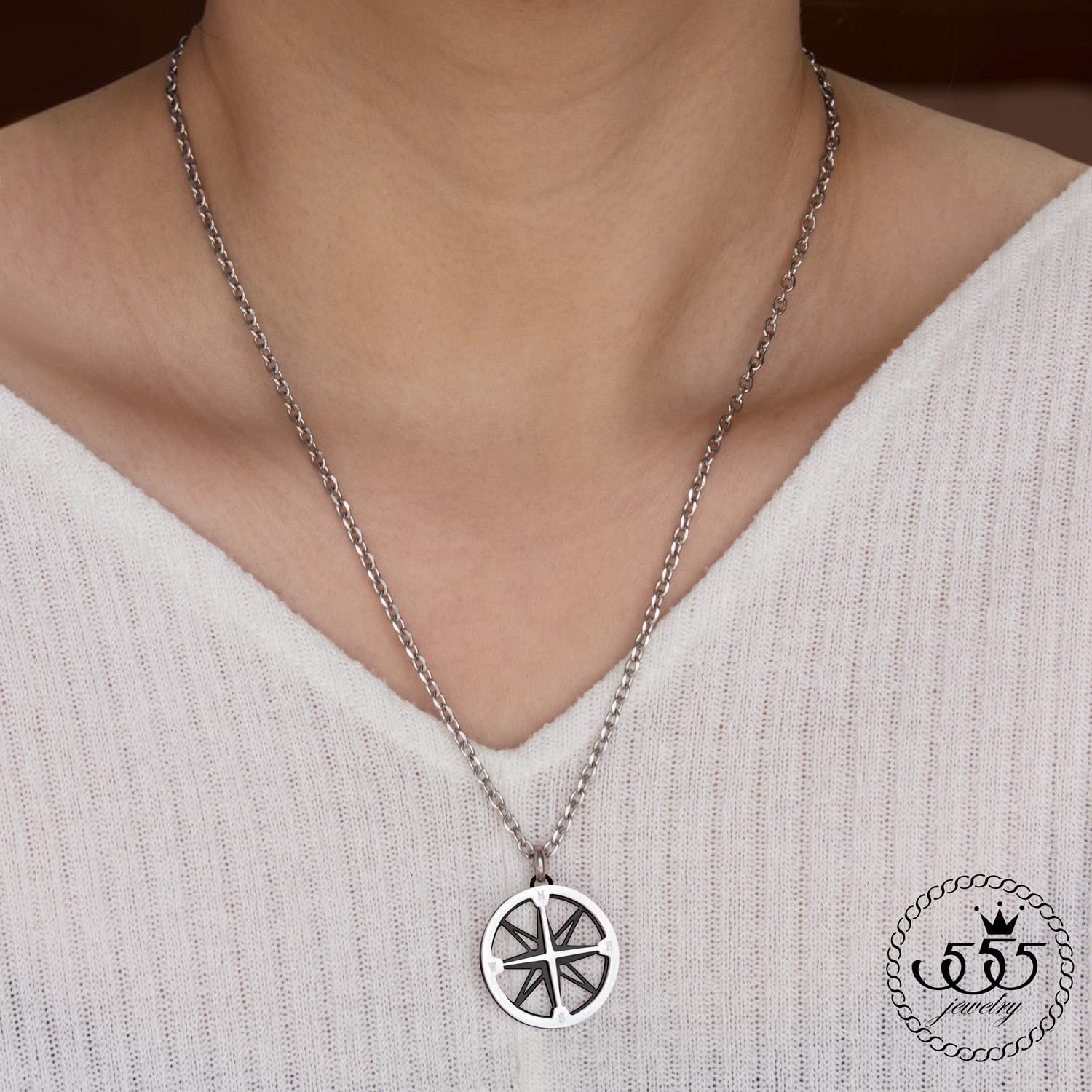 image:image555Jewelry Unisex Stainless Steel Navigator Navigation Compass Pendant NecklaceSilver Black