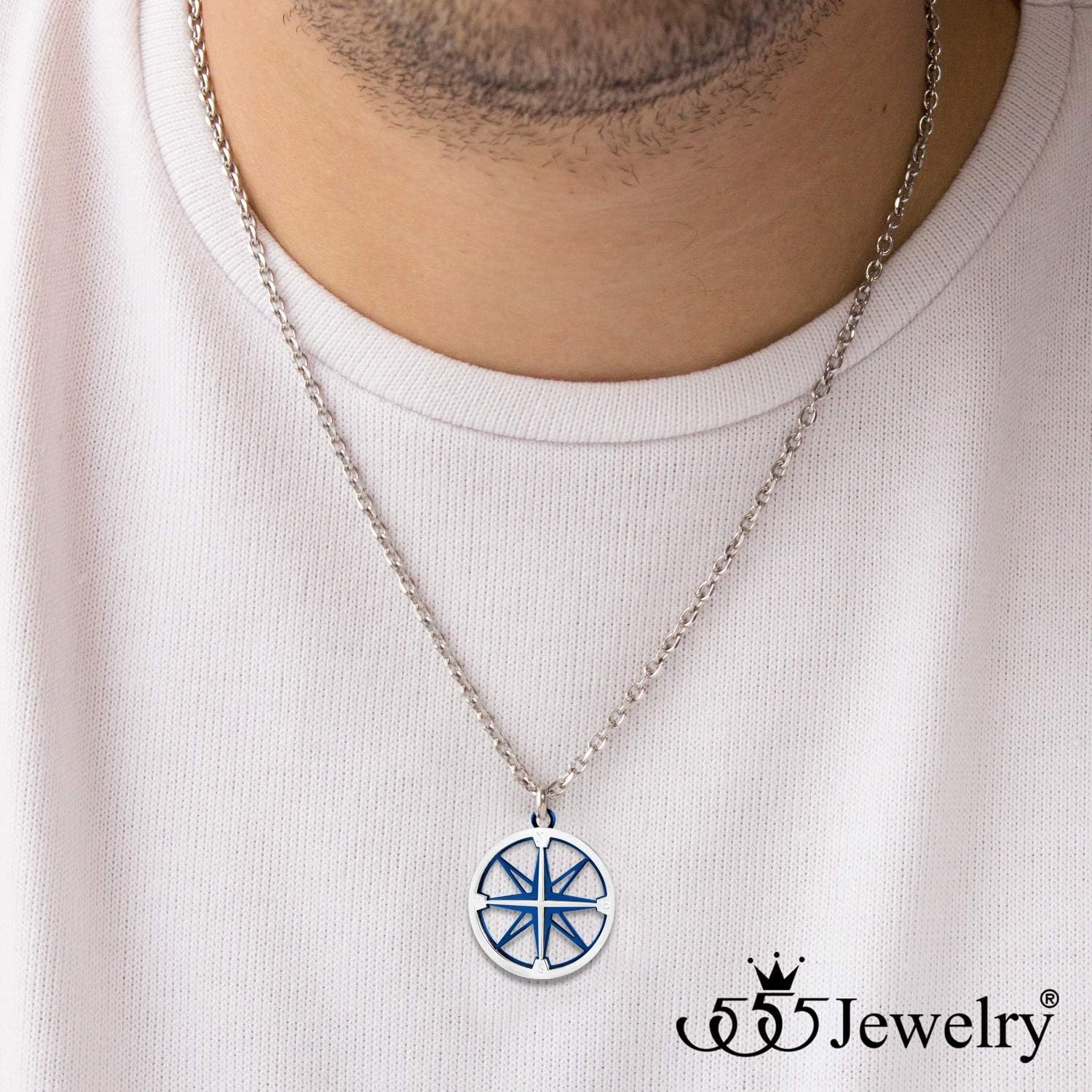 image:image555Jewelry Unisex Stainless Steel Navigator Navigation Compass Pendant NecklaceSilver Blue