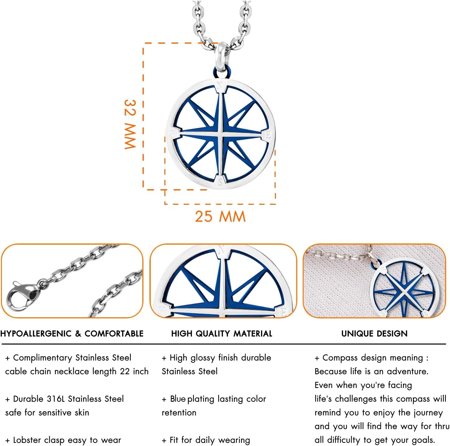 image:image555Jewelry Unisex Stainless Steel Navigator Navigation Compass Pendant NecklaceSilver Blue