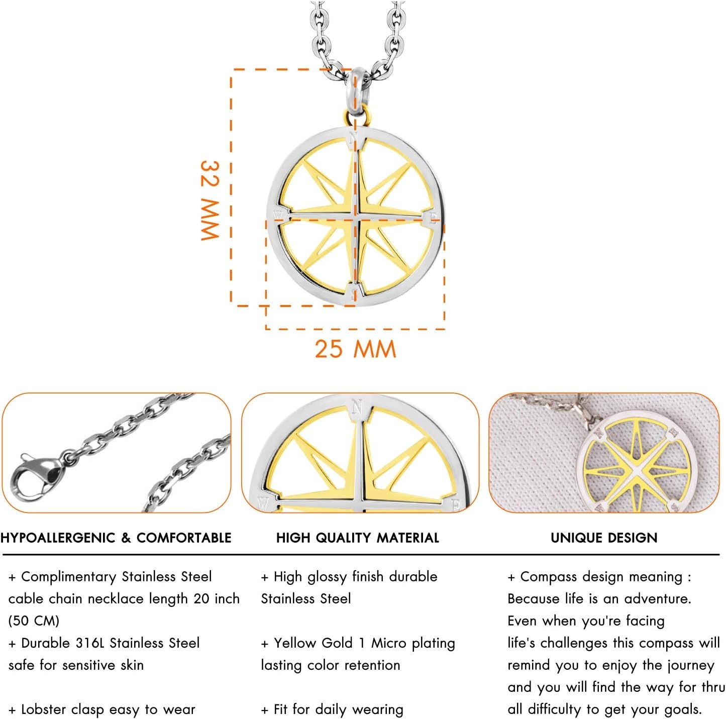 image:image555Jewelry Unisex Stainless Steel Navigator Navigation Compass Pendant NecklaceSilver Gold