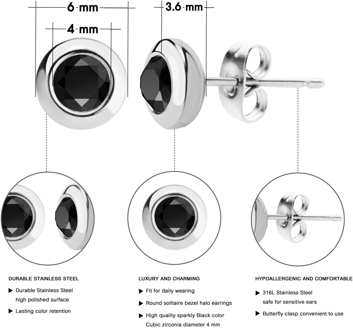 image:image555Jewelry Womens Pair Round Circle Solitaire Cubic Zirconia Bezel Stud EarringsSilver Black Cubic Zirconia