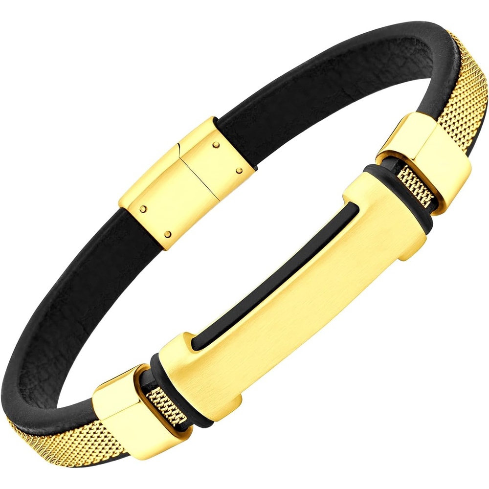 image:image555Jewelry Braided Stainless Steel amp Genuine Black Leather Bracelet for MenGold