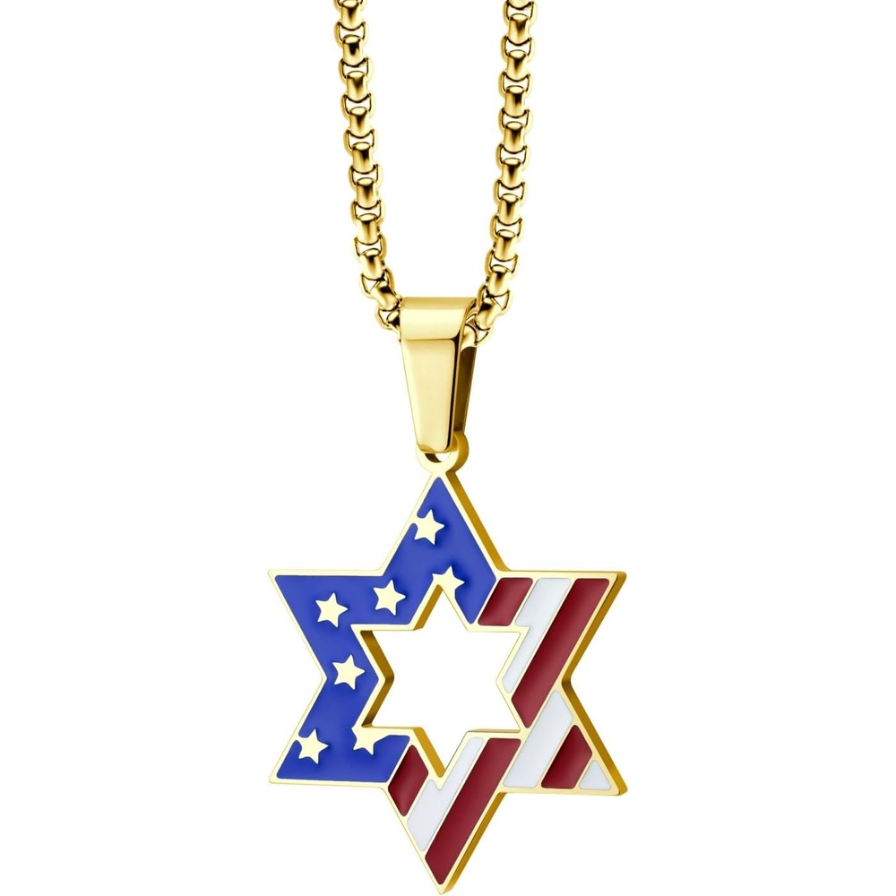 image:image555Jewelry Stainless Steel Star of David amp US Flag Necklace Pendant 1624 Box ChainGold Style 1