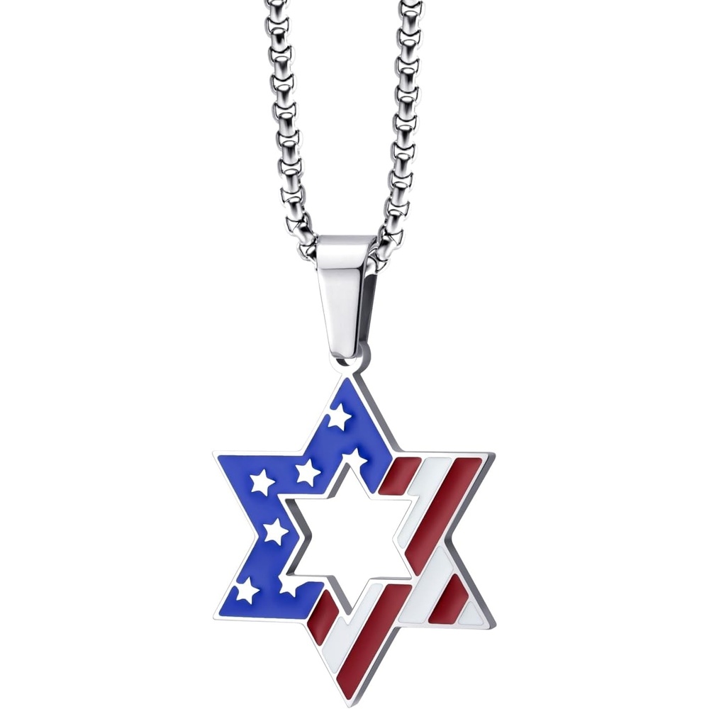 image:image555Jewelry Stainless Steel Star of David amp US Flag Necklace Pendant 1624 Box ChainSilver Style 1