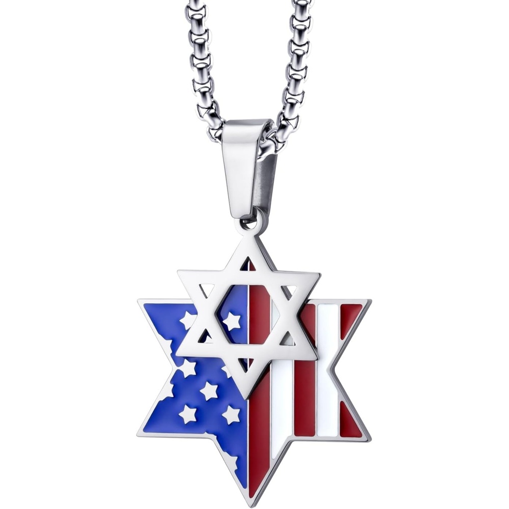 image:image555Jewelry Stainless Steel Star of David amp US Flag Necklace Pendant 1624 Box ChainSilver Style 3