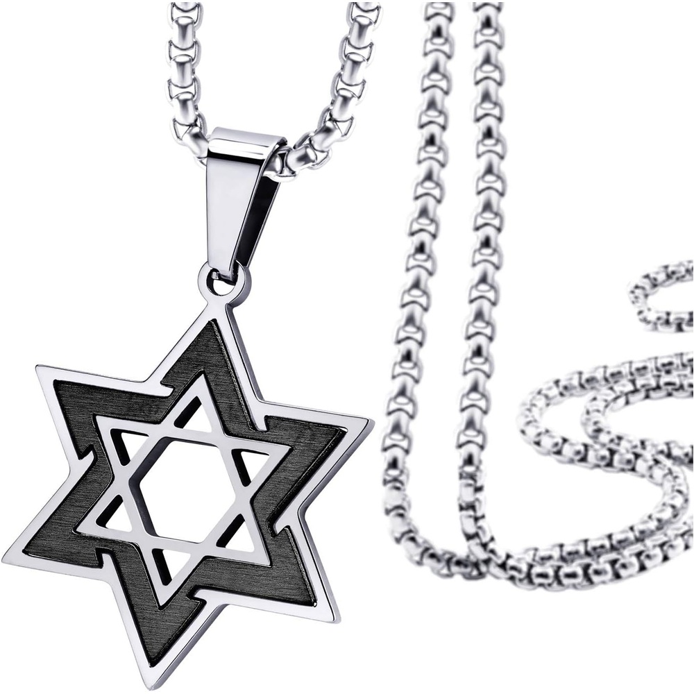 image:image555Jewelry Star of David Necklace for Men 2 Tone Stainless Steel Jewish Star Necklace with 1624 Inch Box Chain Star of David PendantSilver Black