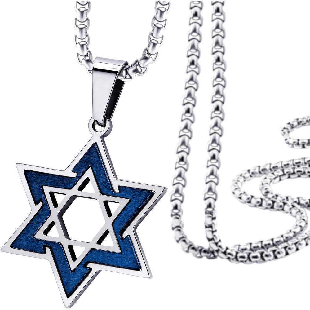 image:image555Jewelry Star of David Necklace for Men 2 Tone Stainless Steel Jewish Star Necklace with 1624 Inch Box Chain Star of David PendantSilver Blue