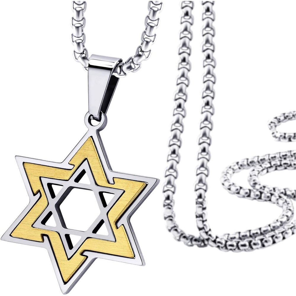 image:image555Jewelry Star of David Necklace for Men 2 Tone Stainless Steel Jewish Star Necklace with 1624 Inch Box Chain Star of David PendantSilver Gold