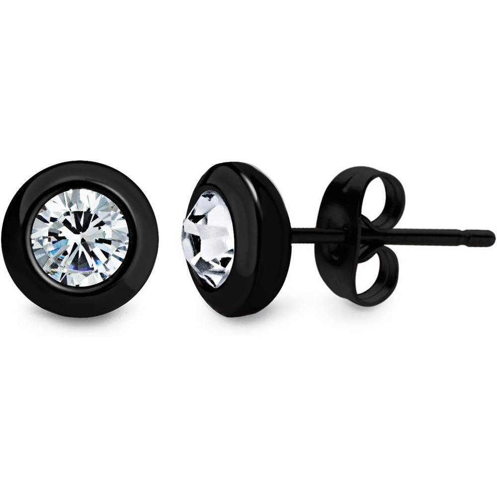 image:image555Jewelry Womens Pair Round Circle Solitaire Cubic Zirconia Bezel Stud EarringsBlack White Cubic Zirconia