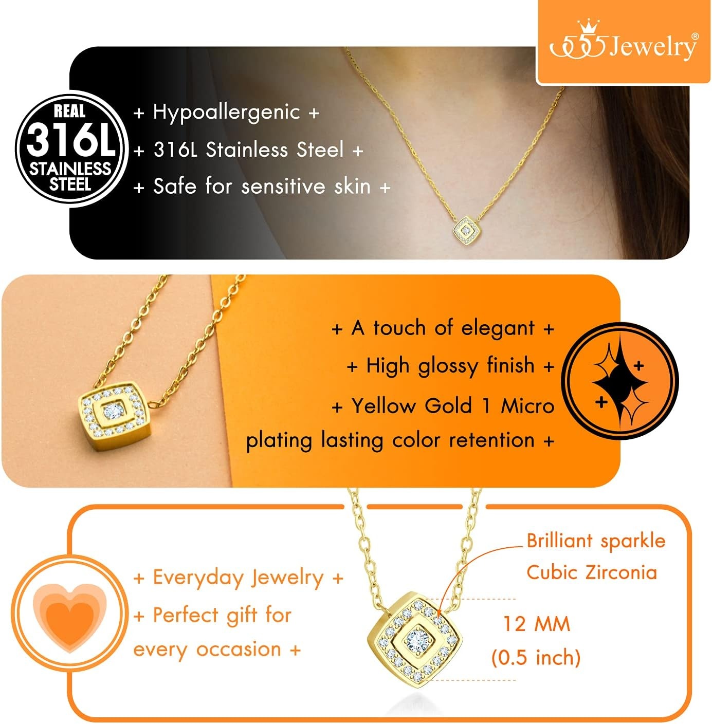 image:image555Jewelry Stainless Steel Elegant Rounded Rhombus Button CZ Necklace for WomenGold