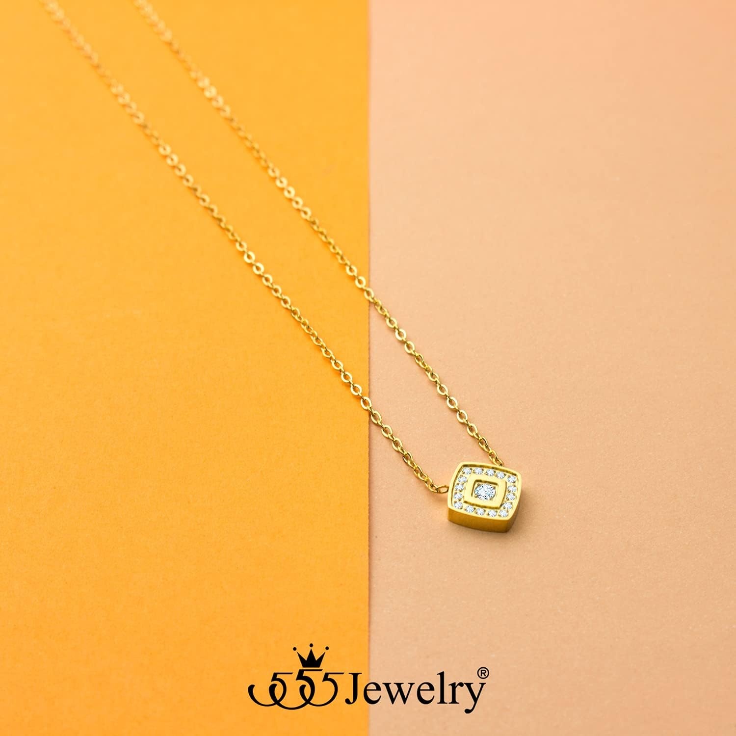 image:image555Jewelry Stainless Steel Elegant Rounded Rhombus Button CZ Necklace for WomenGold