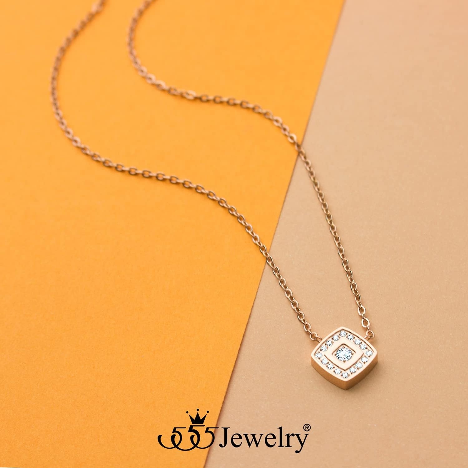 image:image555Jewelry Stainless Steel Elegant Rounded Rhombus Button CZ Necklace for WomenRose Gold