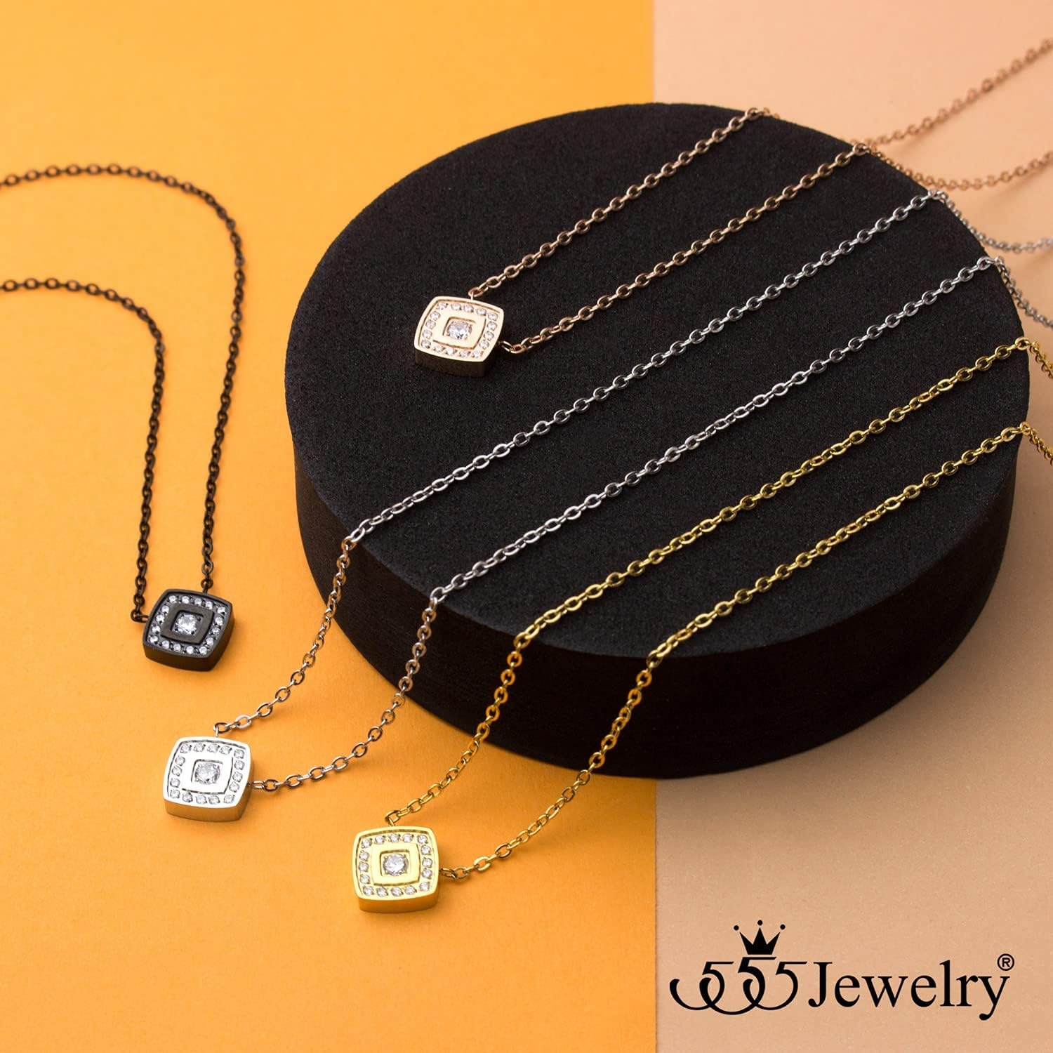 image:image555Jewelry Stainless Steel Elegant Rounded Rhombus Button CZ Necklace for WomenRose Gold