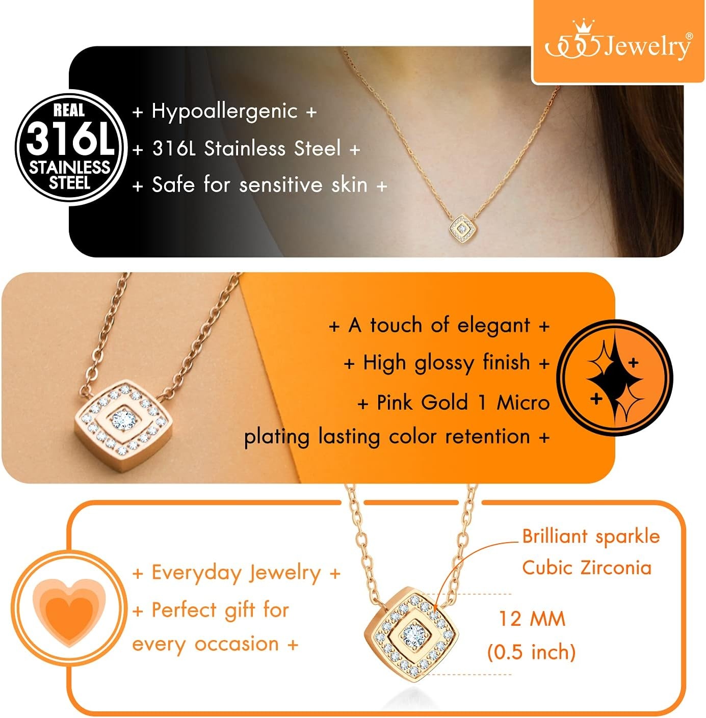 image:image555Jewelry Stainless Steel Elegant Rounded Rhombus Button CZ Necklace for WomenRose Gold