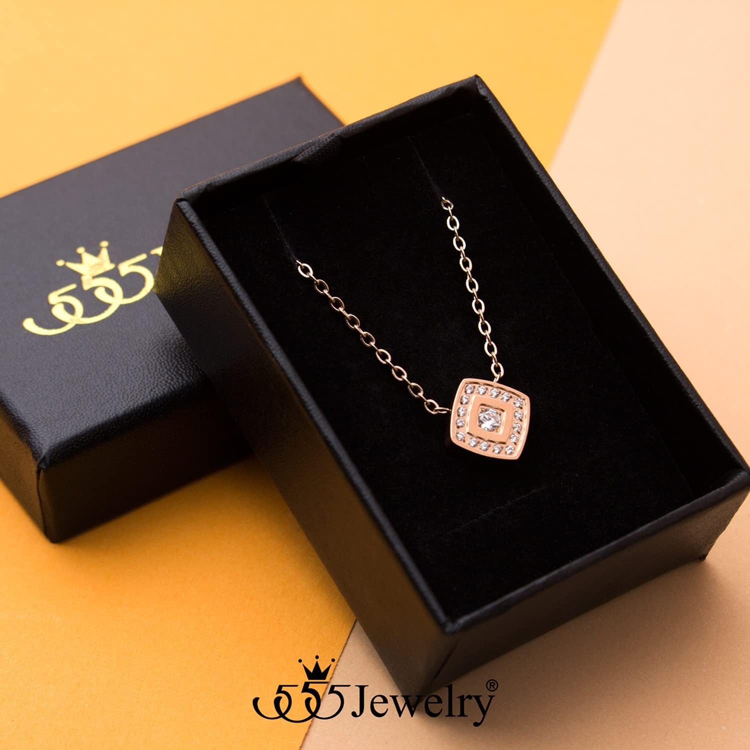 image:image555Jewelry Stainless Steel Elegant Rounded Rhombus Button CZ Necklace for WomenRose Gold