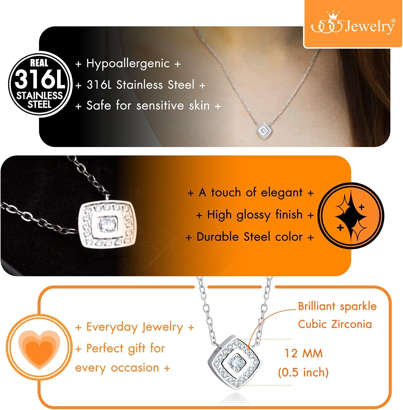 image:image555Jewelry Stainless Steel Elegant Rounded Rhombus Button CZ Necklace for WomenSilver