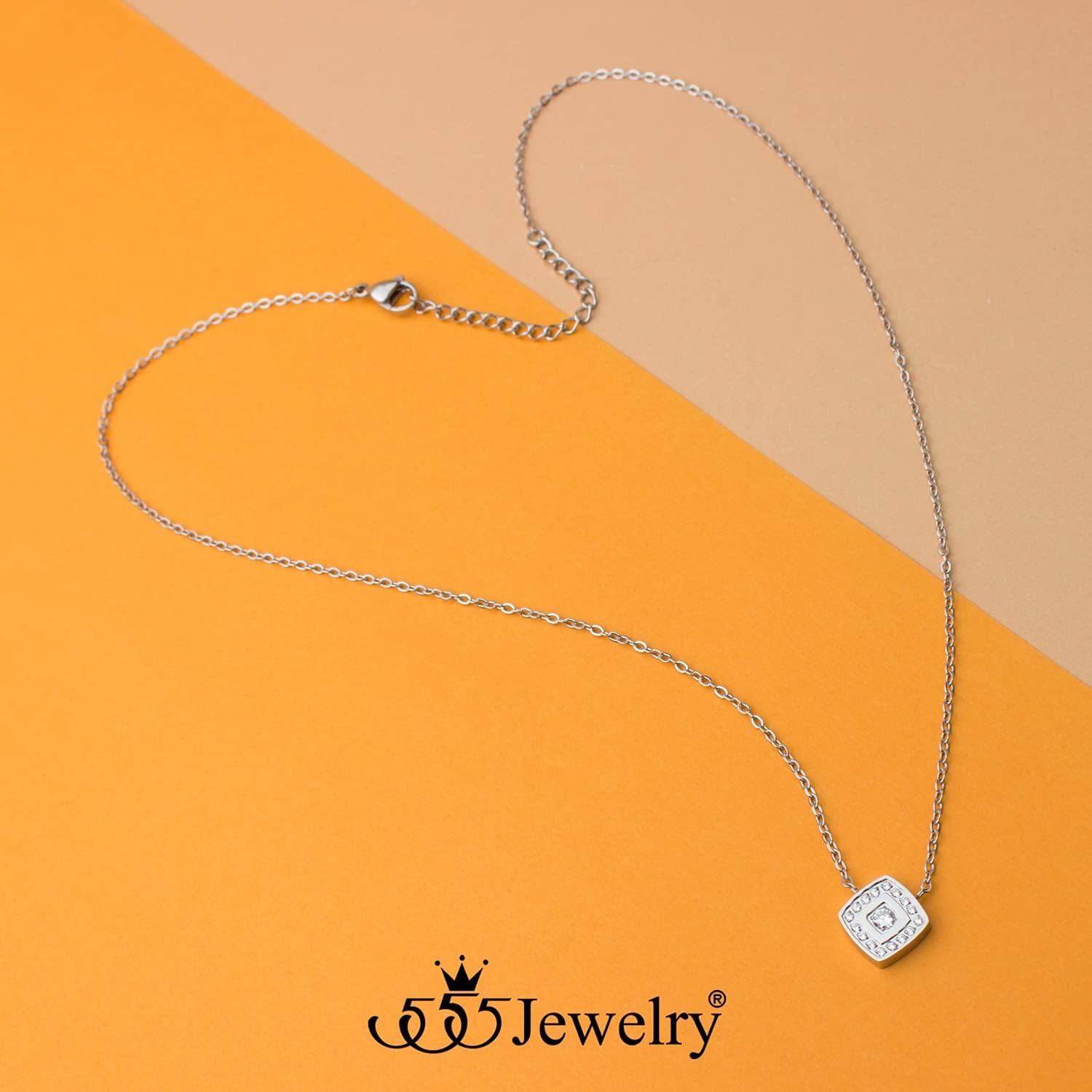 image:image555Jewelry Stainless Steel Elegant Rounded Rhombus Button CZ Necklace for WomenSilver