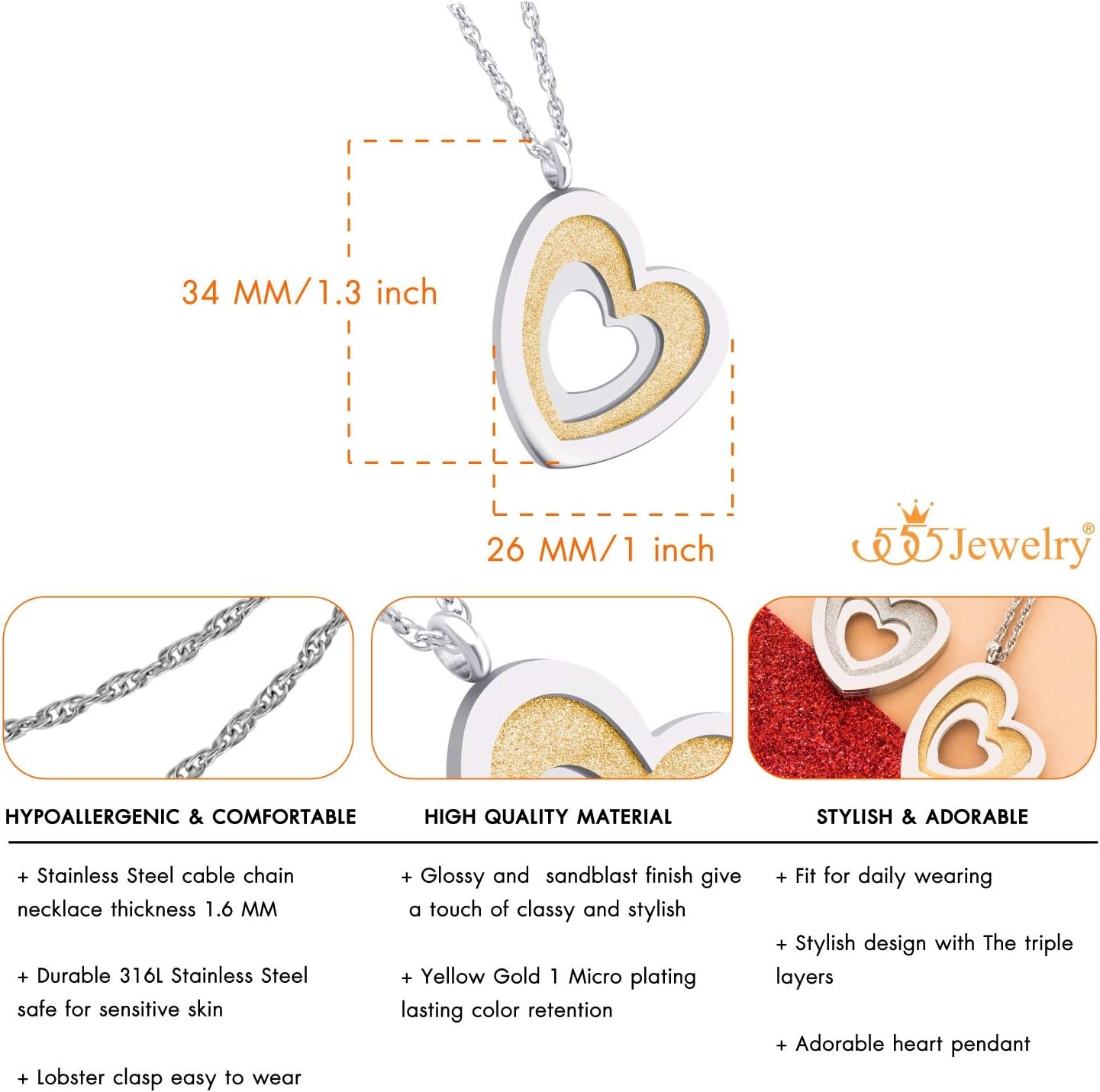 image:image555Jewelry Stainless Steel Glittering Unique Layered Heart Necklace for Women amp LadiesSilver Gold