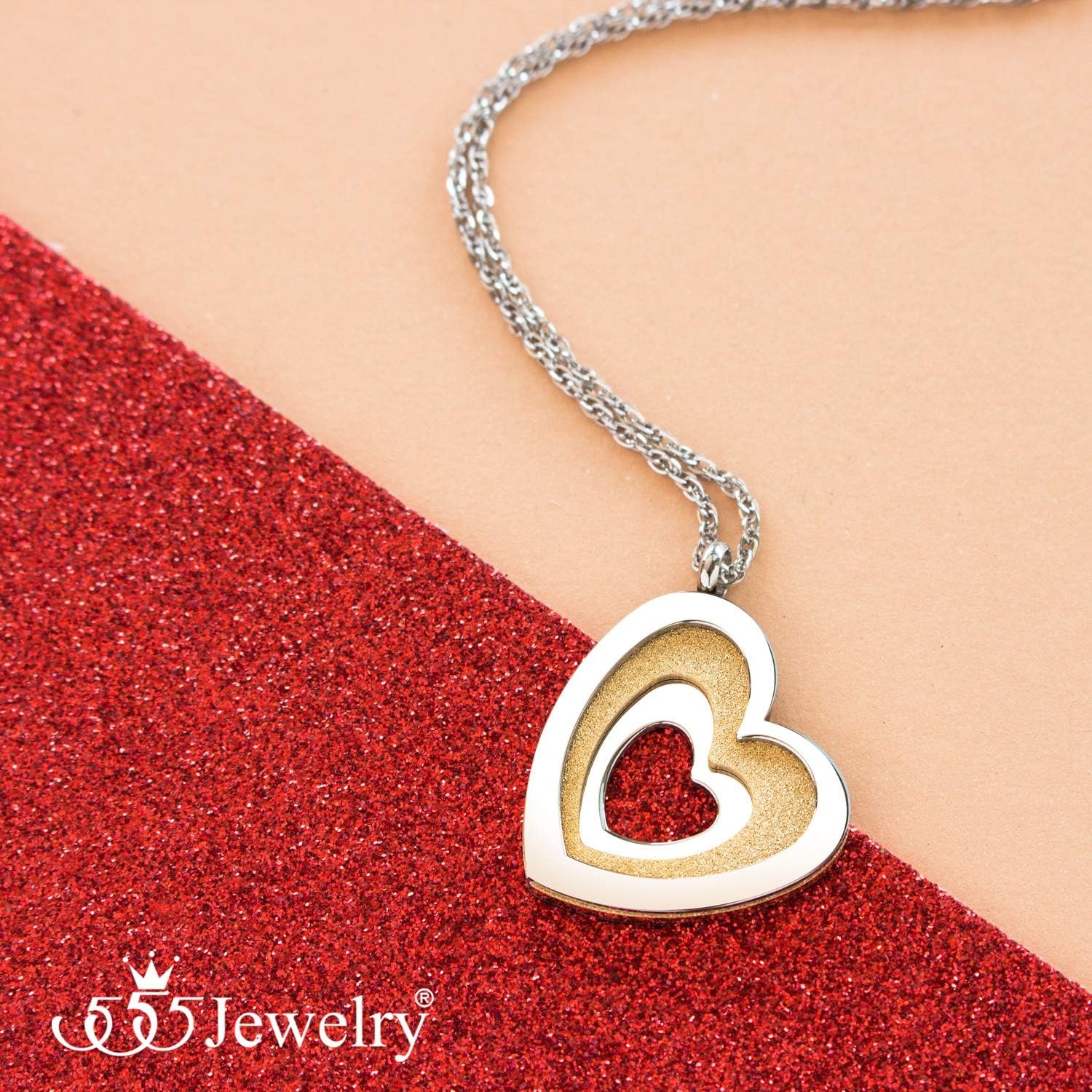image:image555Jewelry Stainless Steel Glittering Unique Layered Heart Necklace for Women amp LadiesSilver Gold