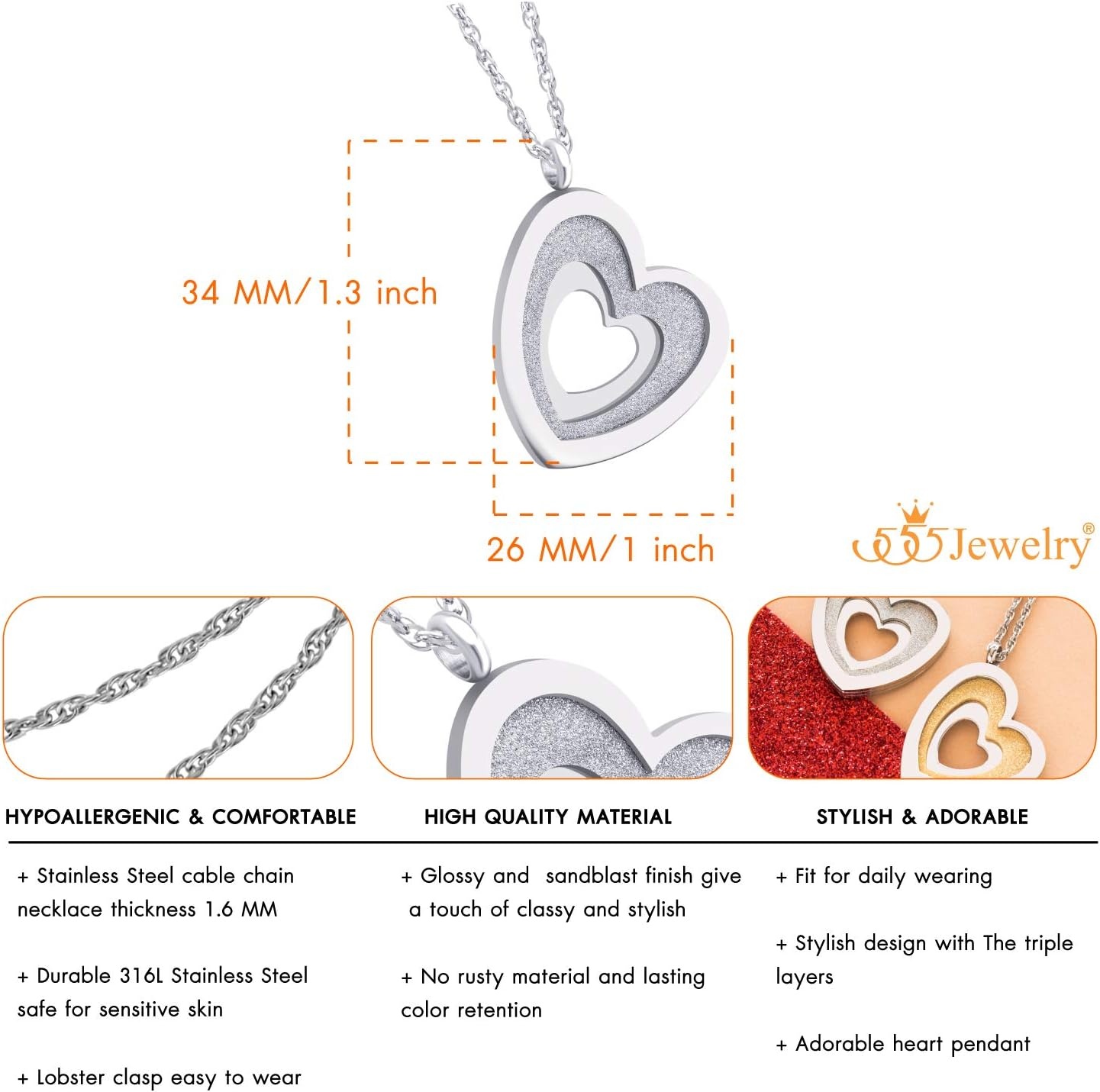 image:image555Jewelry Stainless Steel Glittering Unique Layered Heart Necklace for Women amp LadiesSilver