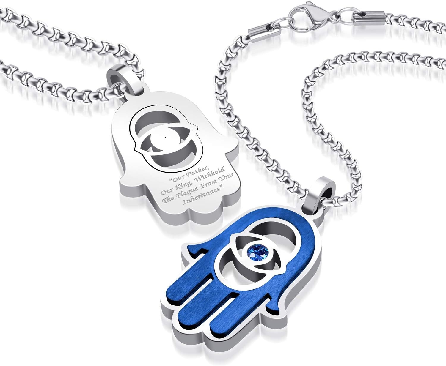 image:image555Jewelry Stainless Steel Hamsa Necklace Hand of Fatima Evil Eye CZ Pendant 1620 ChainSilver Blue Blue CZ