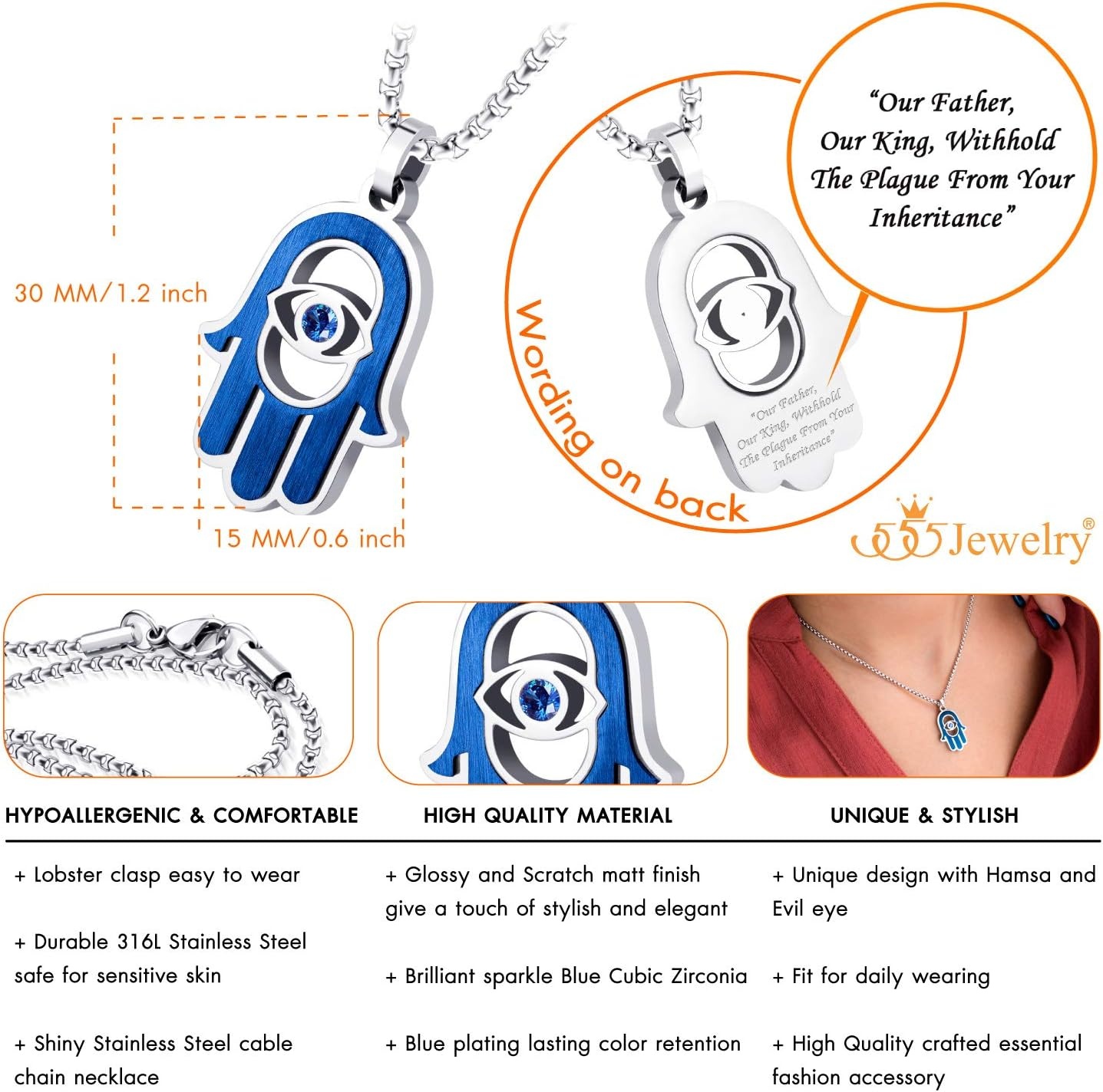 image:image555Jewelry Stainless Steel Hamsa Necklace Hand of Fatima Evil Eye CZ Pendant 1620 ChainSilver Blue Blue CZ