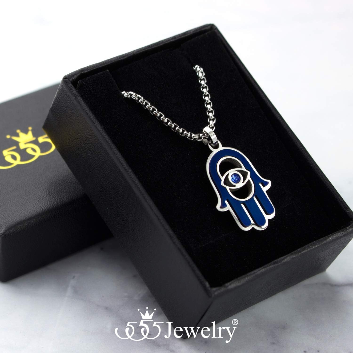 image:image555Jewelry Stainless Steel Hamsa Necklace Hand of Fatima Evil Eye CZ Pendant 1620 ChainSilver Blue Blue CZ
