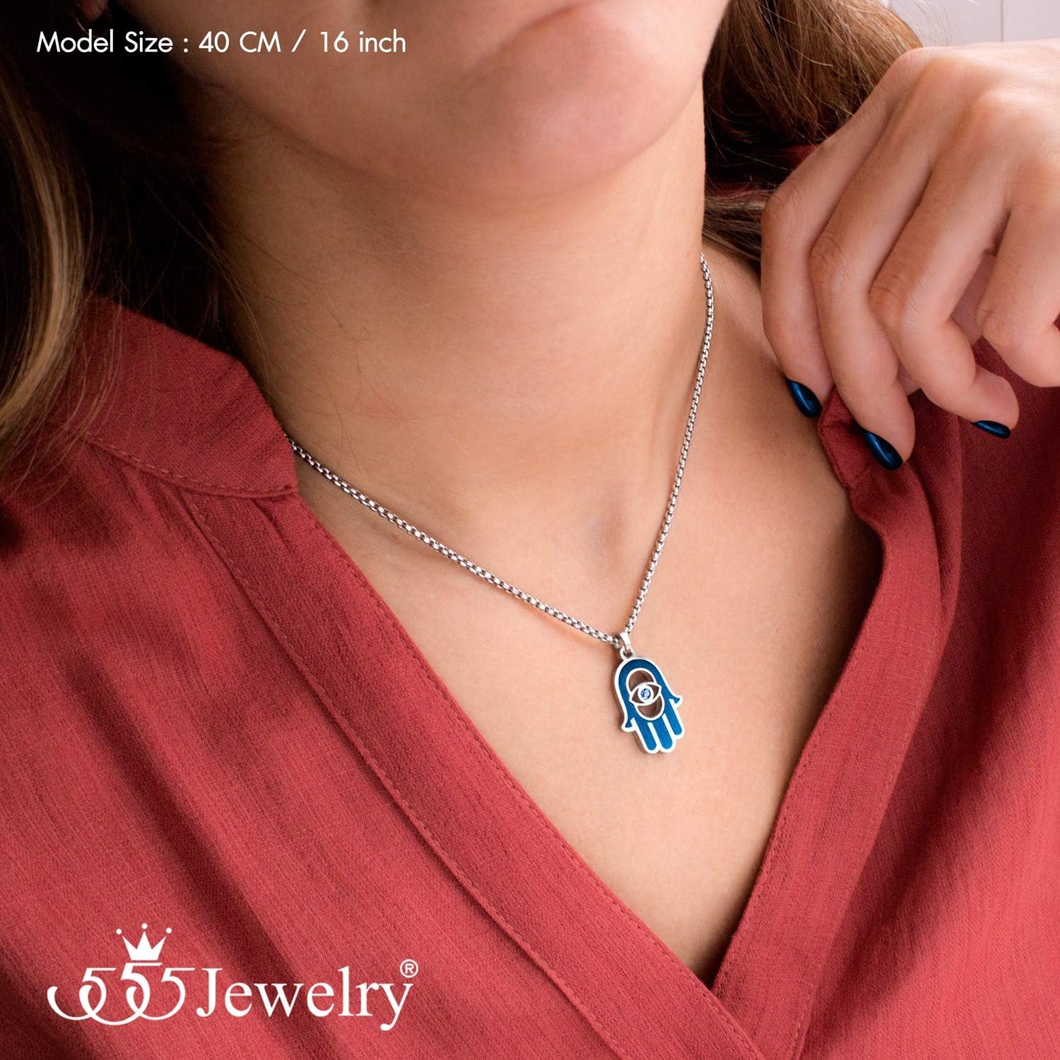 image:image555Jewelry Stainless Steel Hamsa Necklace Hand of Fatima Evil Eye CZ Pendant 1620 ChainSilver Blue Blue CZ
