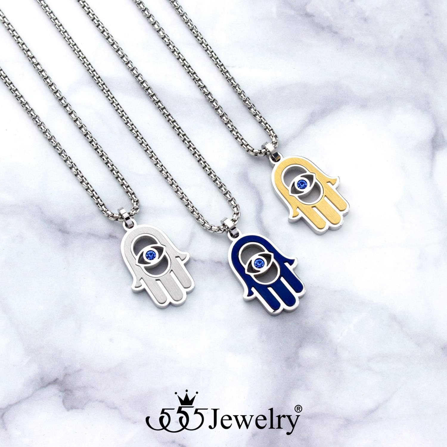 image:image555Jewelry Stainless Steel Hamsa Necklace Hand of Fatima Evil Eye CZ Pendant 1620 ChainSilver Blue Blue CZ