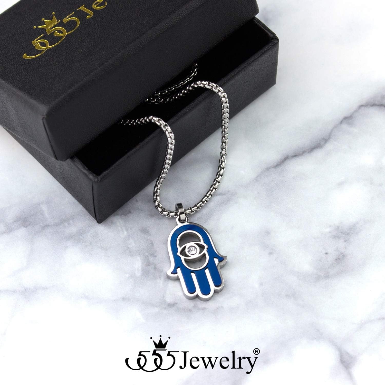 image:image555Jewelry Stainless Steel Hamsa Necklace Hand of Fatima Evil Eye CZ Pendant 1620 ChainSilver Blue White CZ