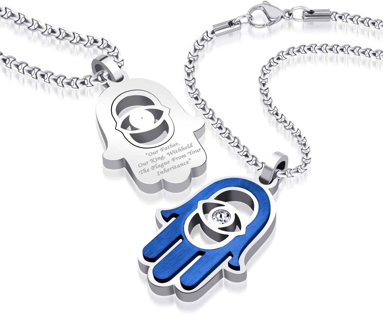 image:image555Jewelry Stainless Steel Hamsa Necklace Hand of Fatima Evil Eye CZ Pendant 1620 ChainSilver Blue White CZ