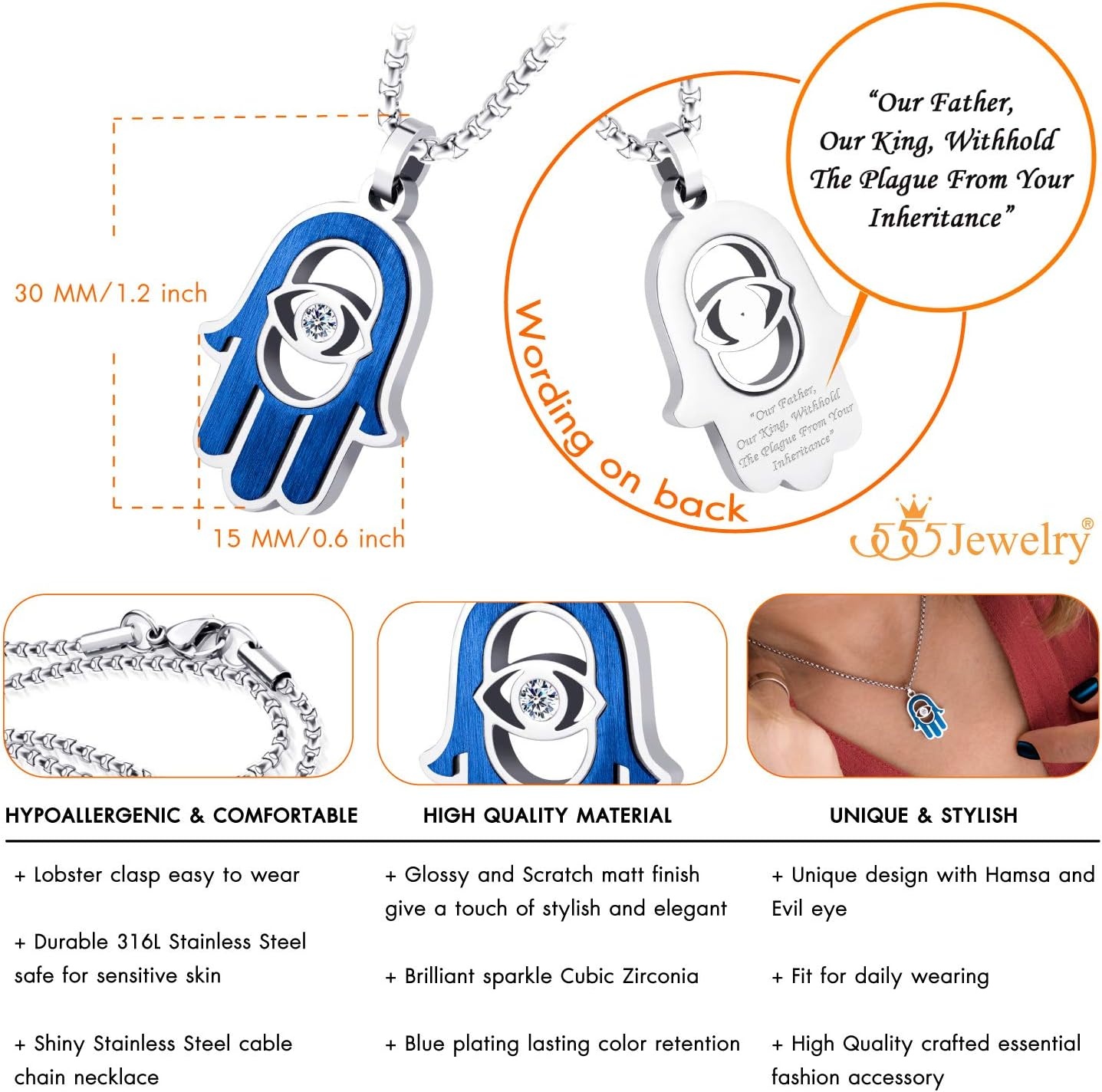 image:image555Jewelry Stainless Steel Hamsa Necklace Hand of Fatima Evil Eye CZ Pendant 1620 ChainSilver Blue White CZ