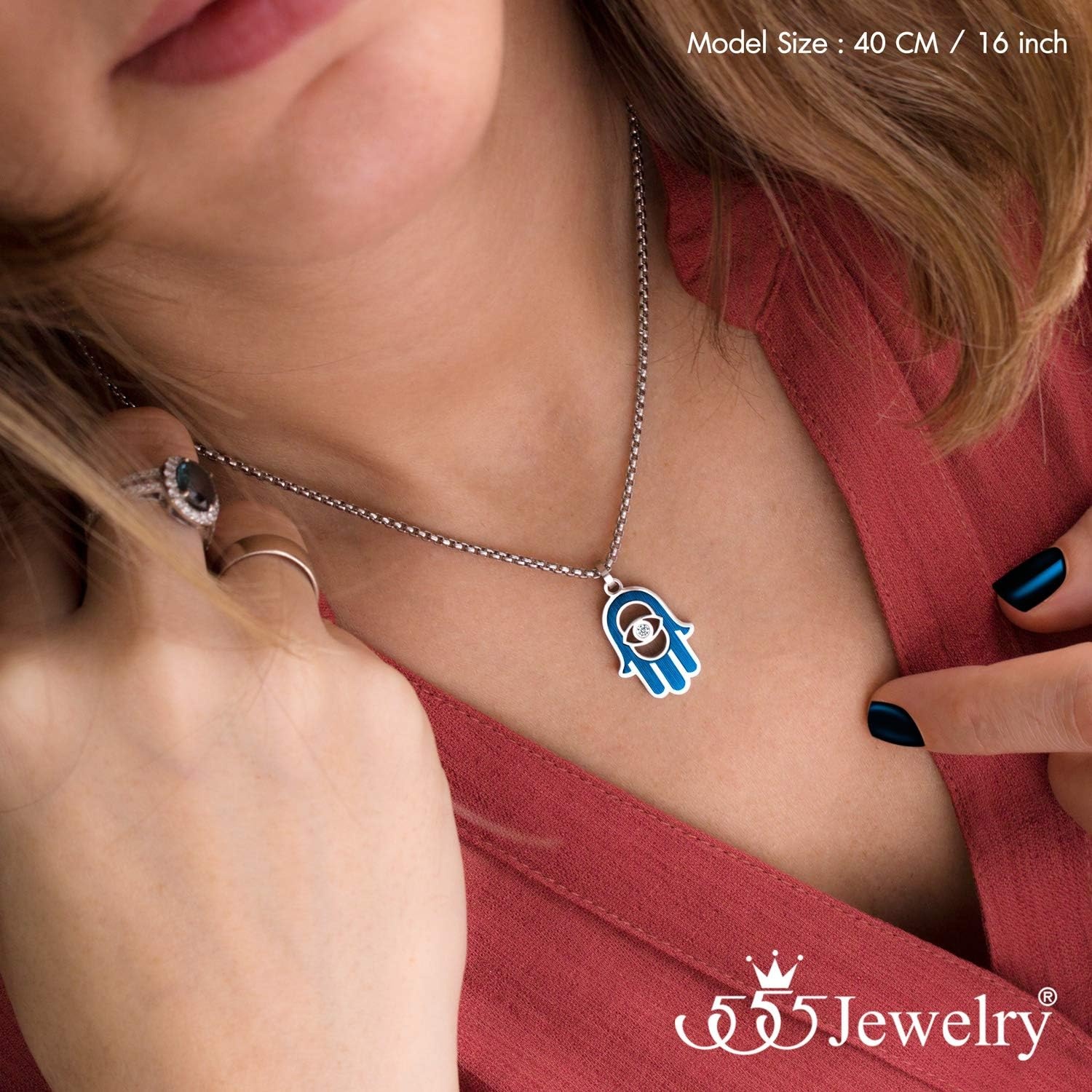 image:image555Jewelry Stainless Steel Hamsa Necklace Hand of Fatima Evil Eye CZ Pendant 1620 ChainSilver Blue White CZ