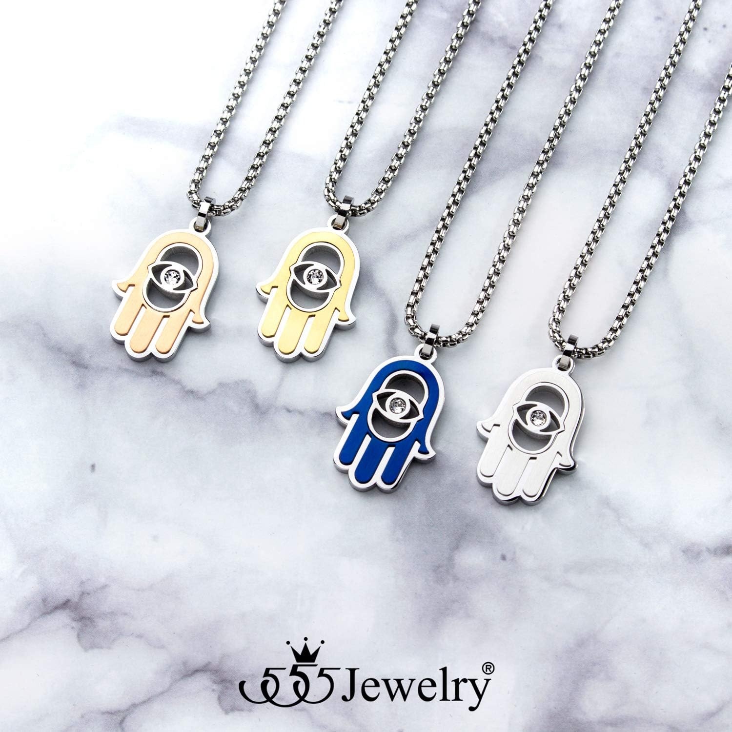 image:image555Jewelry Stainless Steel Hamsa Necklace Hand of Fatima Evil Eye CZ Pendant 1620 ChainSilver Blue White CZ