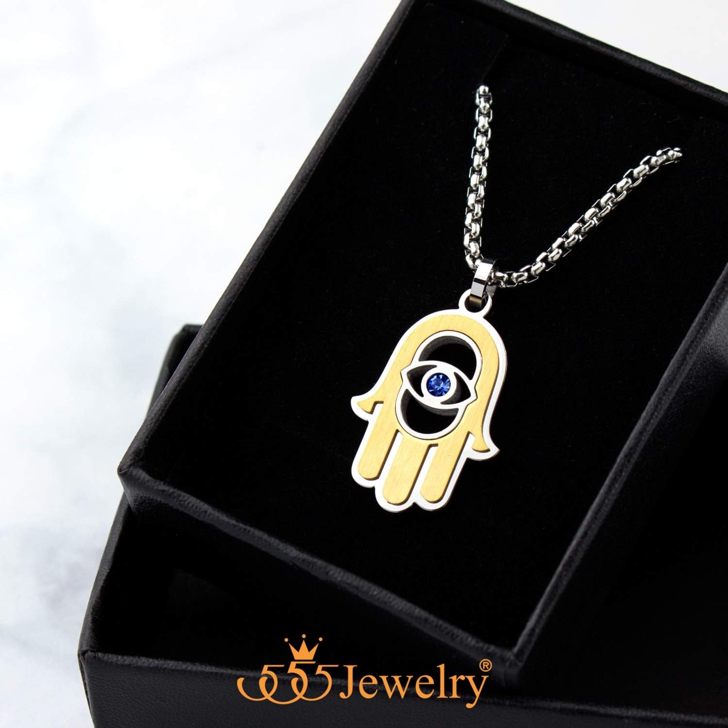 image:image555Jewelry Stainless Steel Hamsa Necklace Hand of Fatima Evil Eye CZ Pendant 1620 ChainSilver Gold Blue CZ