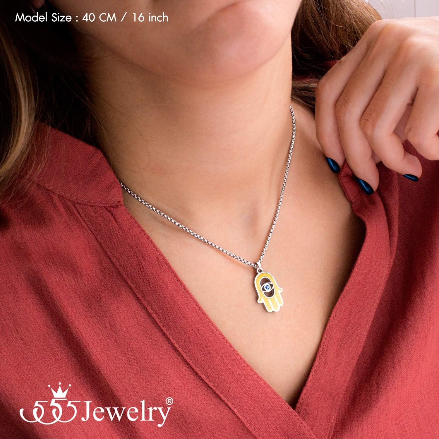 image:image555Jewelry Stainless Steel Hamsa Necklace Hand of Fatima Evil Eye CZ Pendant 1620 ChainSilver Gold Blue CZ