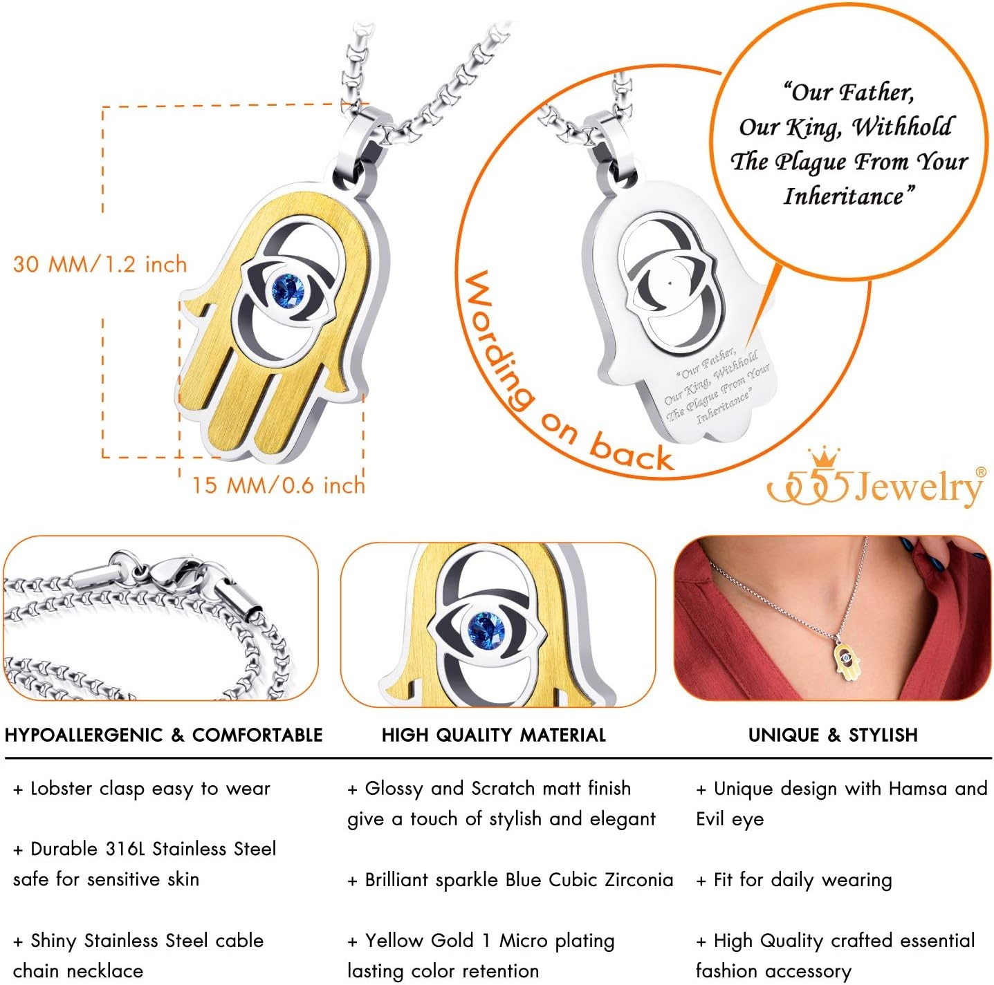 image:image555Jewelry Stainless Steel Hamsa Necklace Hand of Fatima Evil Eye CZ Pendant 1620 ChainSilver Gold Blue CZ
