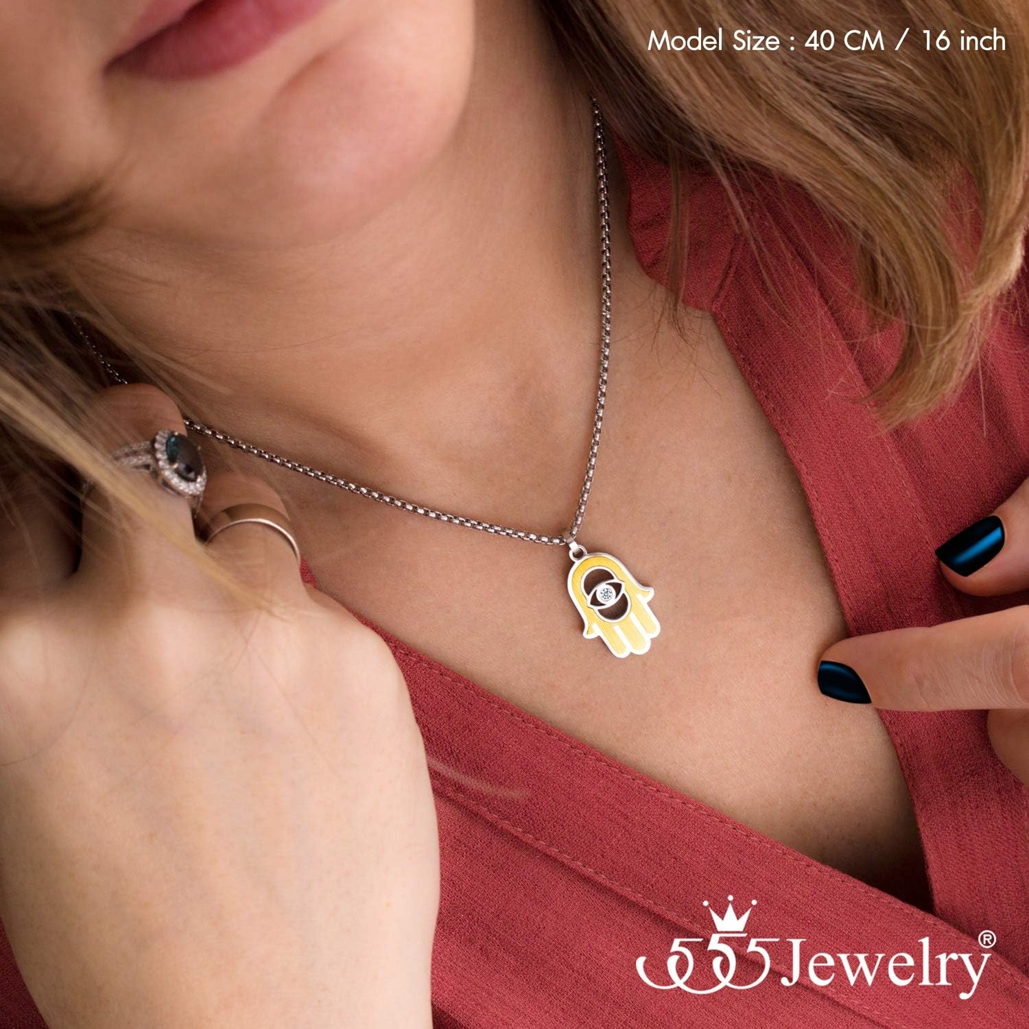 image:image555Jewelry Stainless Steel Hamsa Necklace Hand of Fatima Evil Eye CZ Pendant 1620 ChainSilver Gold White CZ