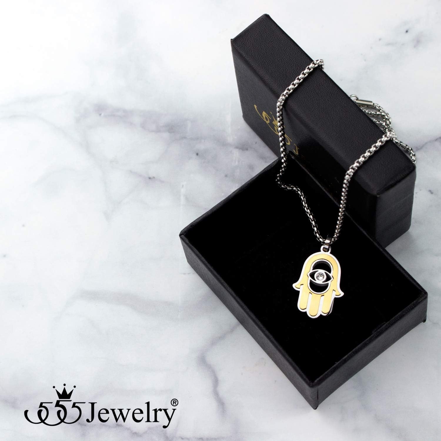 image:image555Jewelry Stainless Steel Hamsa Necklace Hand of Fatima Evil Eye CZ Pendant 1620 ChainSilver Gold White CZ