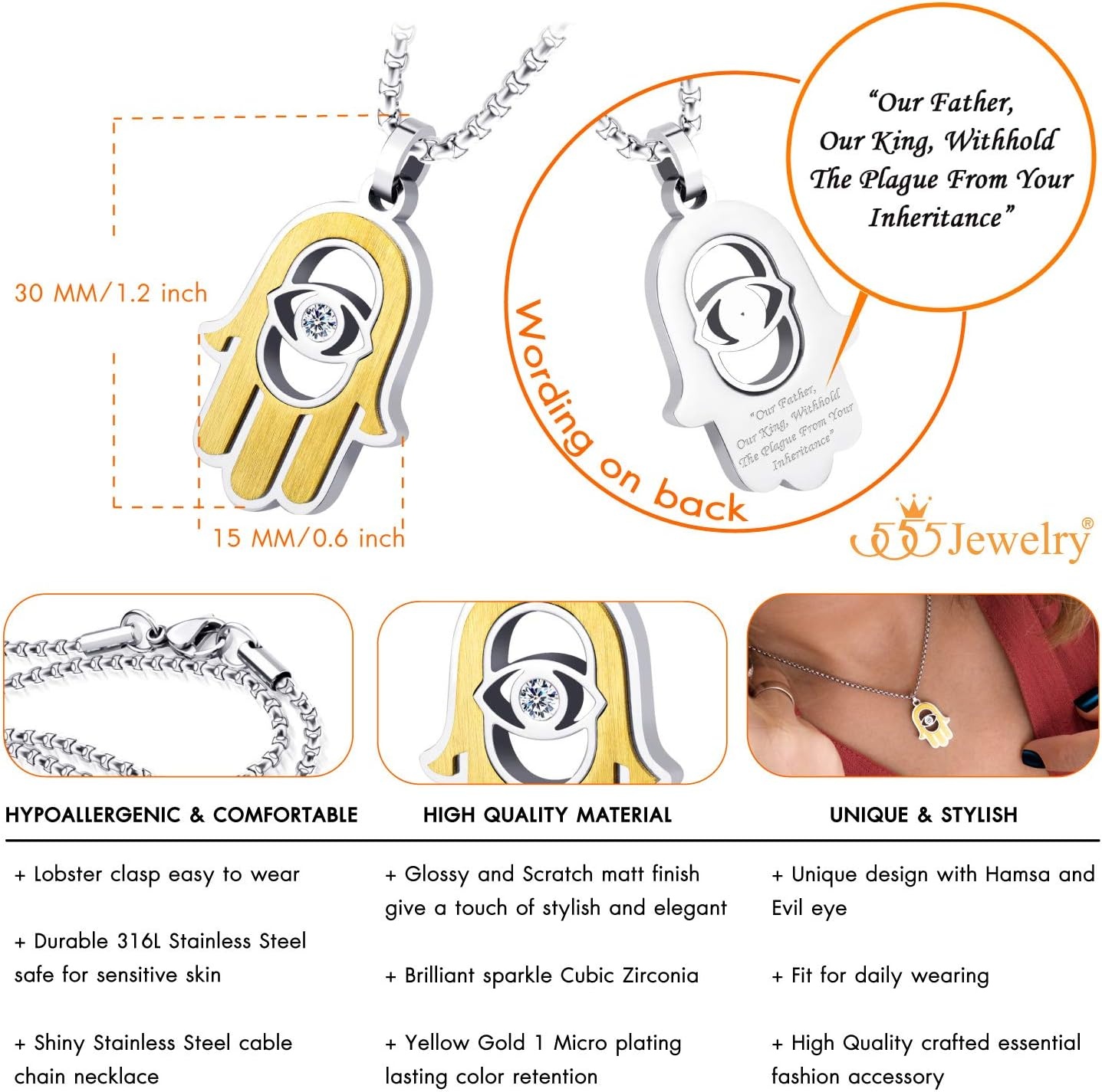 image:image555Jewelry Stainless Steel Hamsa Necklace Hand of Fatima Evil Eye CZ Pendant 1620 ChainSilver Gold White CZ