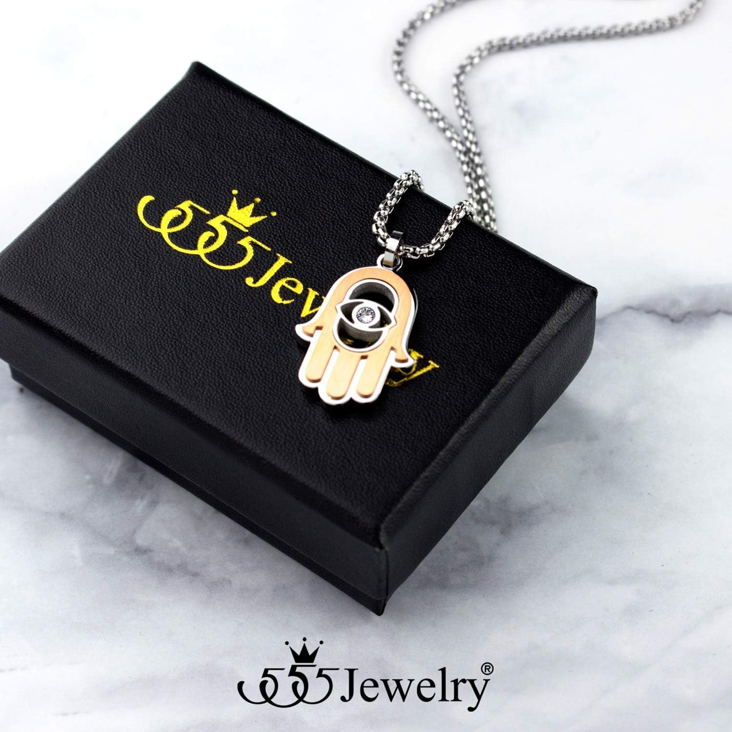 image:image555Jewelry Stainless Steel Hamsa Necklace Hand of Fatima Evil Eye CZ Pendant 1620 ChainSilver Rose Gold White CZ