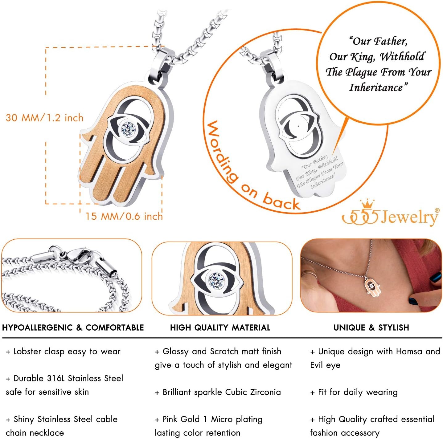 image:image555Jewelry Stainless Steel Hamsa Necklace Hand of Fatima Evil Eye CZ Pendant 1620 ChainSilver Rose Gold White CZ