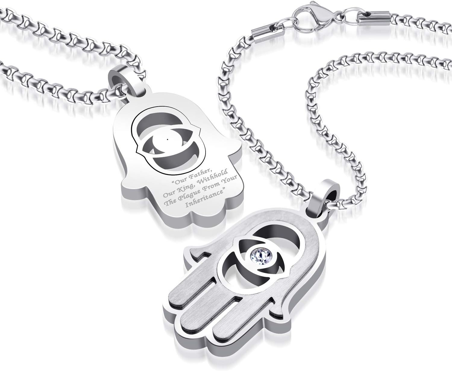 image:image555Jewelry Stainless Steel Hamsa Necklace Hand of Fatima Evil Eye CZ Pendant 1620 ChainSilver White CZ