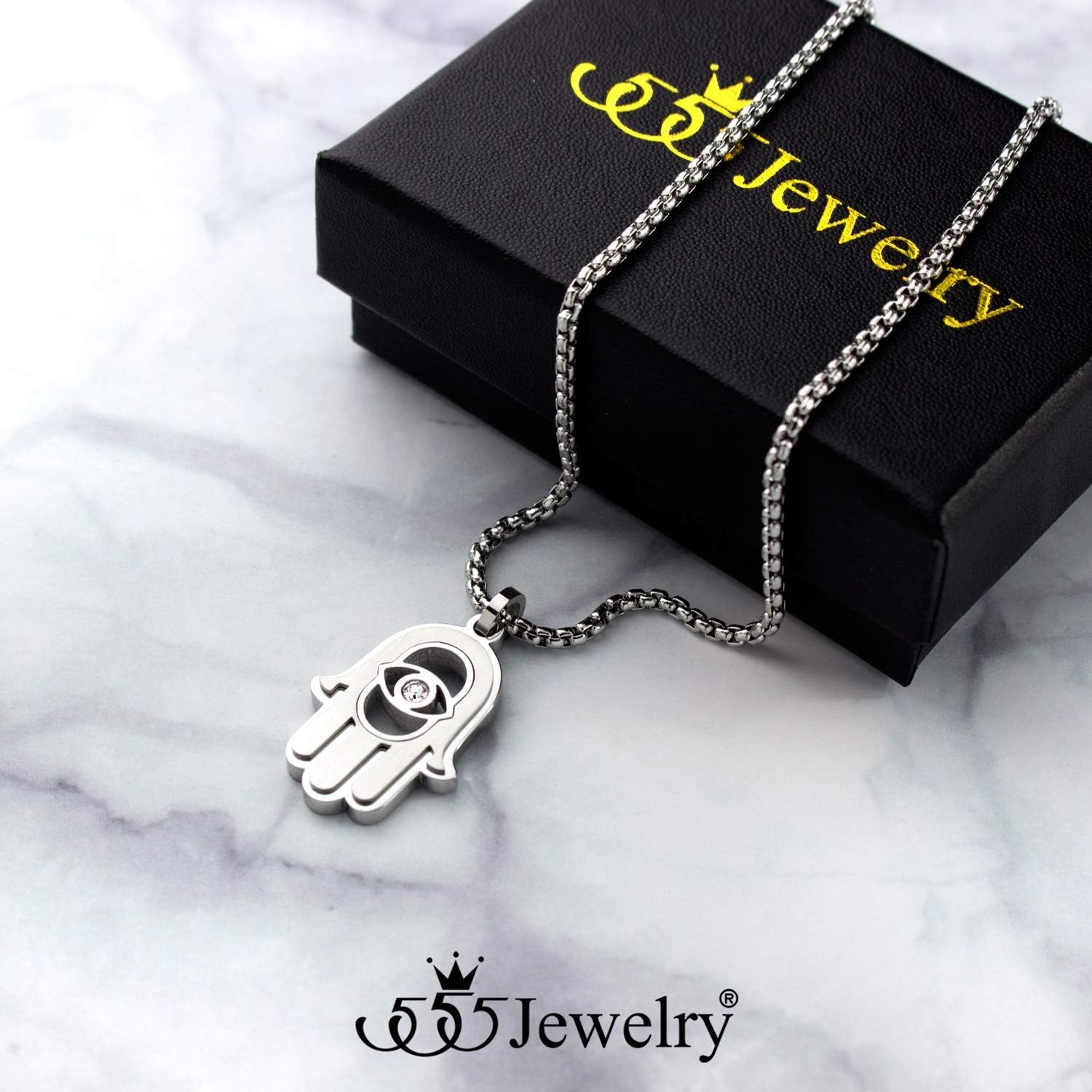 image:image555Jewelry Stainless Steel Hamsa Necklace Hand of Fatima Evil Eye CZ Pendant 1620 ChainSilver White CZ
